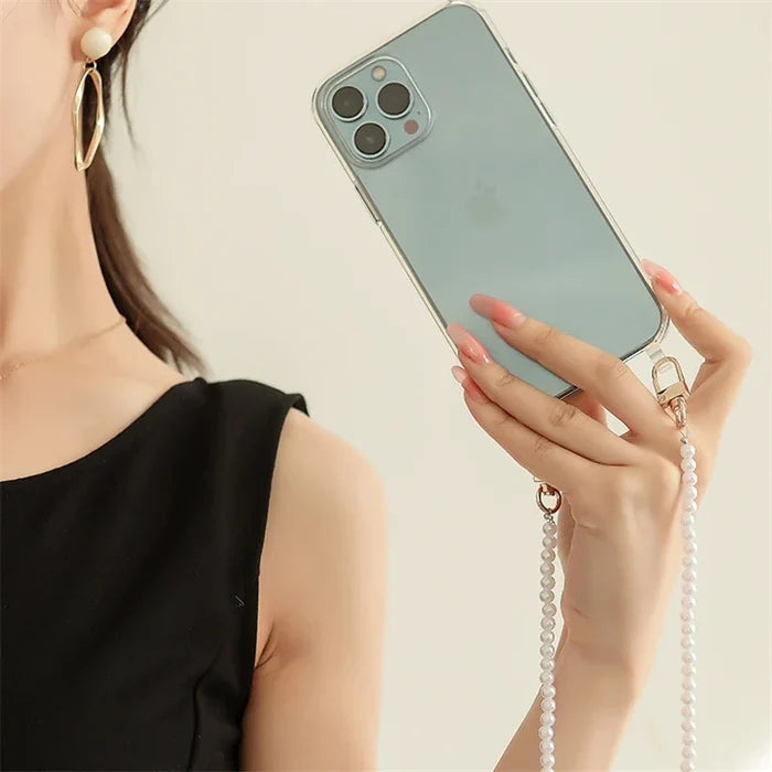 Luxury Crossbody With Lanyard Jewelry Pearl Chain Clear Holder Phone Case For iPhone PhoneShells