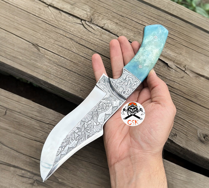 Luxury Hand Engraved Knife - Coloured Bone Handle Collector’s Masterpiece cskforged