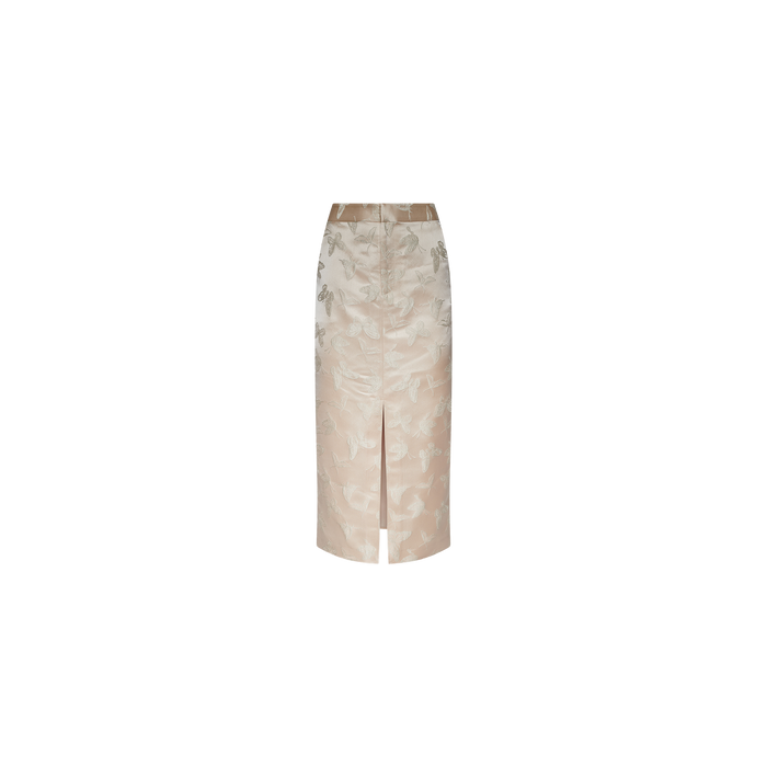 The Madonna Midi Skirt features a beige and light gray satin jacquard fabric, designed with a high waist and a front slit, showcased against a plain white background.