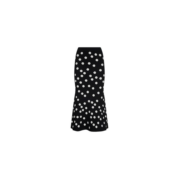 The Mae Knit Flare Skirt is a black, high-waisted, calf-length fit and flare skirt with a flared hem and a white polka dot pattern, shown against a plain white background.