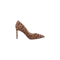 The Maelle Suede Pump features a classic pointed toe and stiletto heel, crafted from brown and tan leopard print suede, and is displayed against a plain white background.