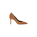 The Maelle Suede Pump, shown in brown with a pointed toe and stiletto heel, is photographed from the side against a plain white background.