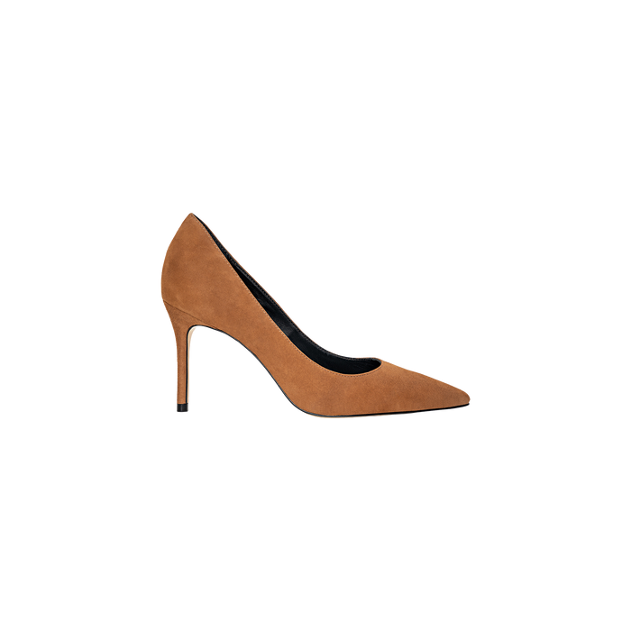 The Maelle Suede Pump, shown in brown with a pointed toe and stiletto heel, is photographed from the side against a plain white background.