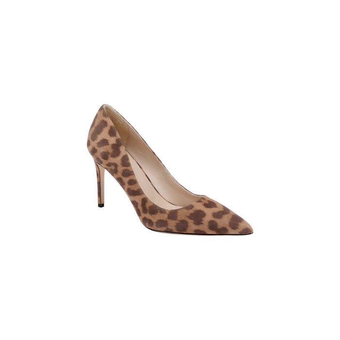 The Maelle Suede Pump, featuring a pointed toe, stiletto heel, and a brown and tan leopard print suede pattern, is displayed on a plain white background.