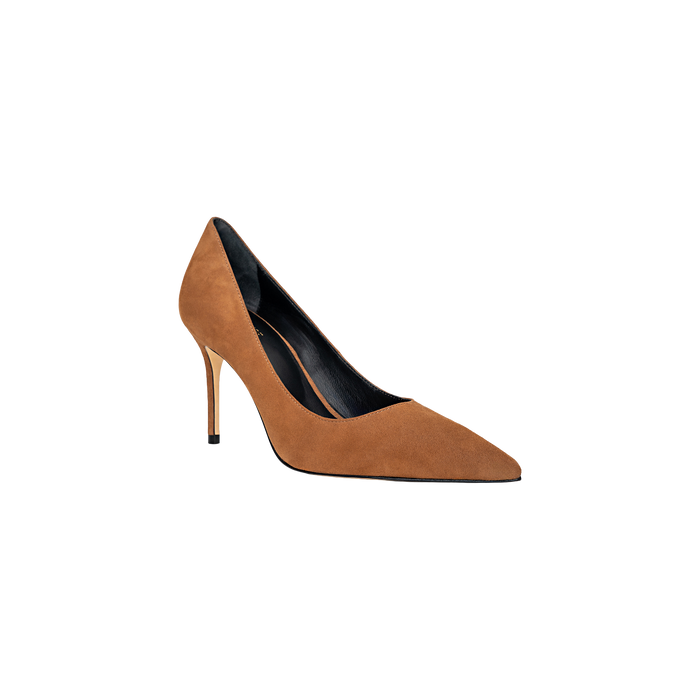 The Maelle Suede Pump, featuring a pointed toe and elegant stiletto heel in tan suede, is displayed against a plain white background.