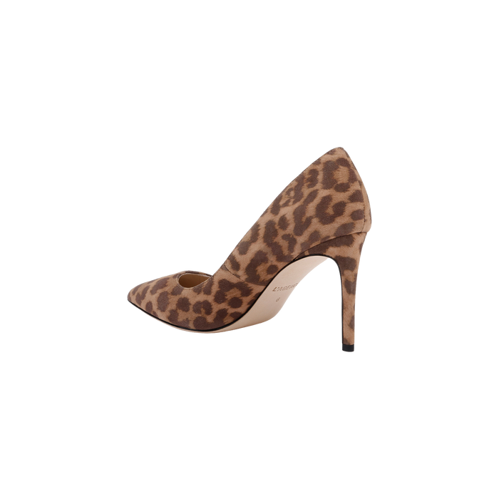 The Maelle Suede Pump is a classic high-heeled pump featuring a pointed toe and stiletto heel, crafted from brown and tan leopard print suede, shown in profile on a white background.