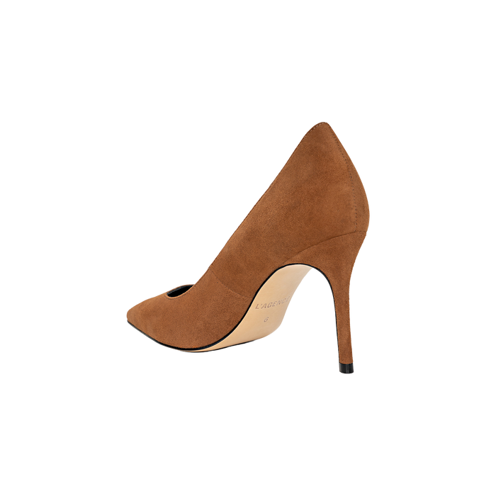 The Maelle Suede Pump features brown suede, a pointed toe, and a stiletto heel, shown from the back against a plain white background.