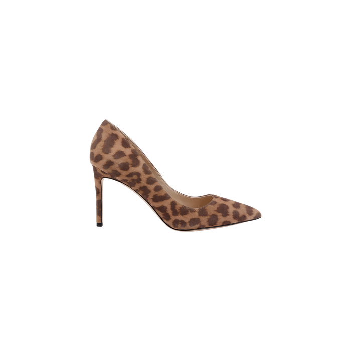 The Maelle Suede Pump is a classic, pointed-toe heel showcasing a brown and black leopard print suede pattern and a stiletto heel, displayed in profile against a white background.