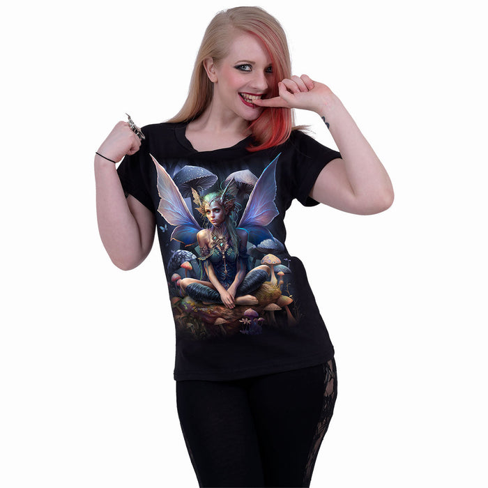 MAGICAL - Boatneck Cap Sleeve Top Black Spiral USA