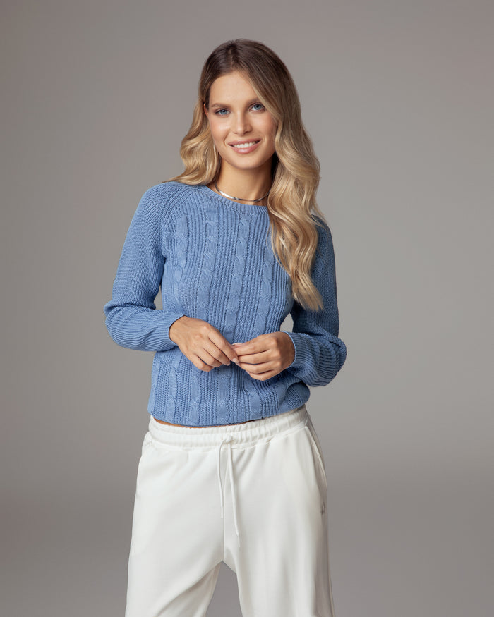 Maglione girocollo con treccia in cotone organico cielo
