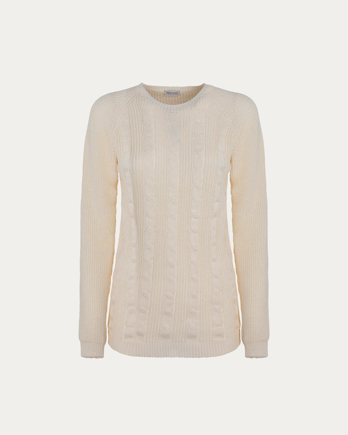 Maglione girocollo con treccia in cotone organico crema