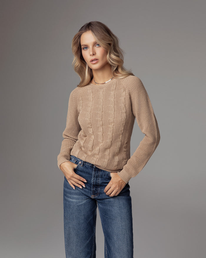 Maglione girocollo con treccia in cotone organico crema