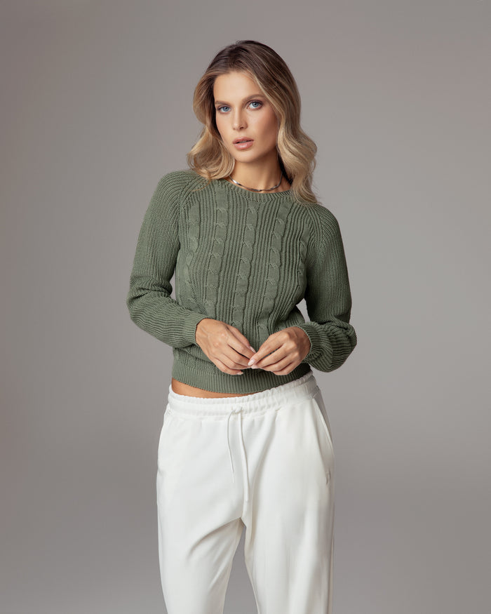 Maglione girocollo con treccia in cotone organico foresta