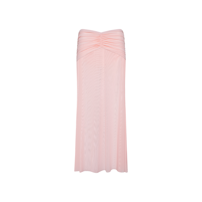 Mahe Mesh Cover-Up Skirt in light pink, featuring a ruched bodice and a flowing, slightly flared mermaid silhouette, displayed on a plain white background.