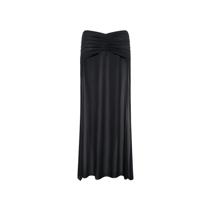 The Mahe Mesh Cover-Up Skirt, featuring a black, floor-length, slightly sheer mesh design with a flowing silhouette, is displayed on a plain white background.