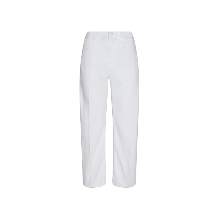 The Mallis Bow-Leg Jean is showcased against a plain white background, featuring a classic five-pocket design, button closure at the waist, and crafted from all-cotton denim in a white straight-leg silhouette.