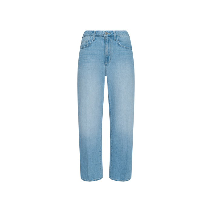 The Mallis Bow-Leg Jean features a light blue, high-rise design with a relaxed straight-leg fit, light wash finish, front button and zipper closure, and classic five-pocket styling, shown against a plain white background.
