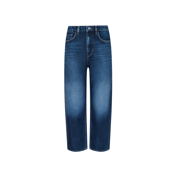 A pair of blue denim jeans with a straight-leg cut, faded detailing on the thighs, classic five-pocket styling, and a button closure, displayed on a plain white background.