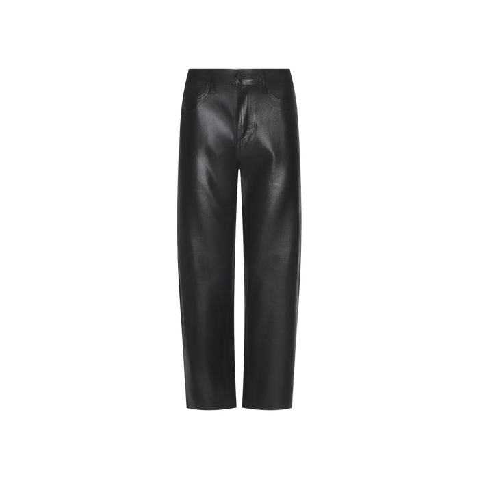 Mallis Coated Bow-Leg Jean in black leather finish, displayed on a plain white background and shown from the back with visible pockets, high-rise waist, and a straight-leg bow-leg silhouette.