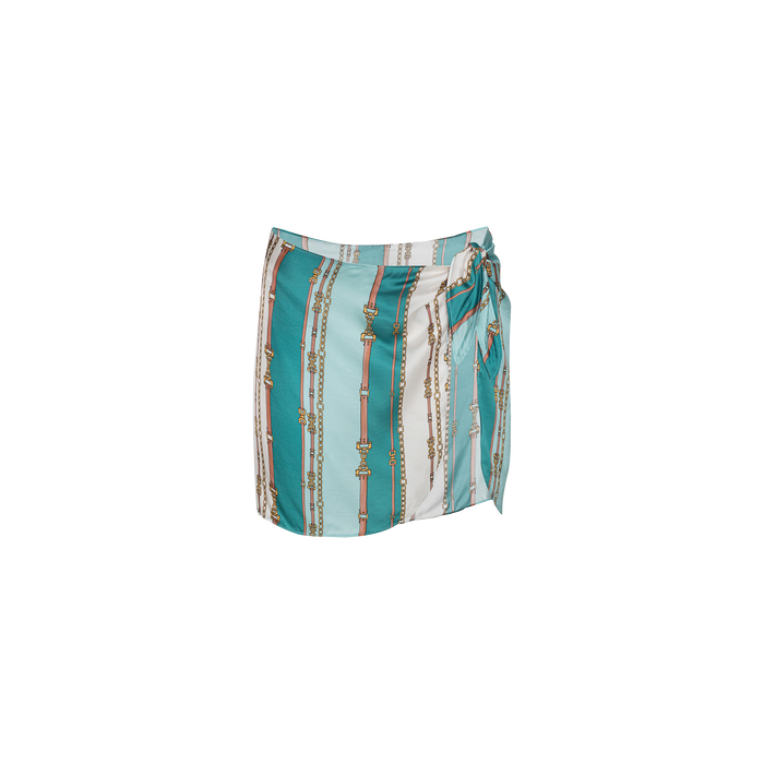 Introducing the Marceline Short Pareo—a wrap-style skirt featuring vertical stripes of teal, white, and gold chain prints, finished with a stylish side knot. This pareo is the perfect effortless swimsuit cover-up.