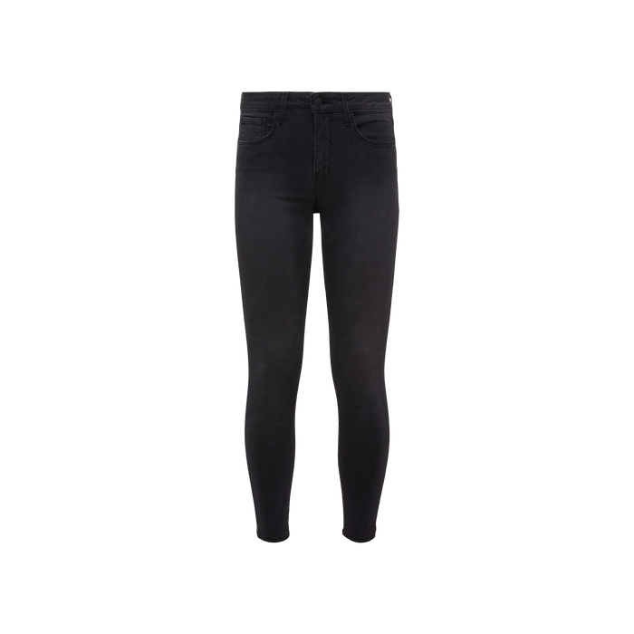 The Margot Cropped Skinny Jean is a pair of black high-rise skinny jeans featuring a contoured waistband, front and back pockets, and a classic five-pocket design, crafted from stretch denim and displayed on a plain white background.