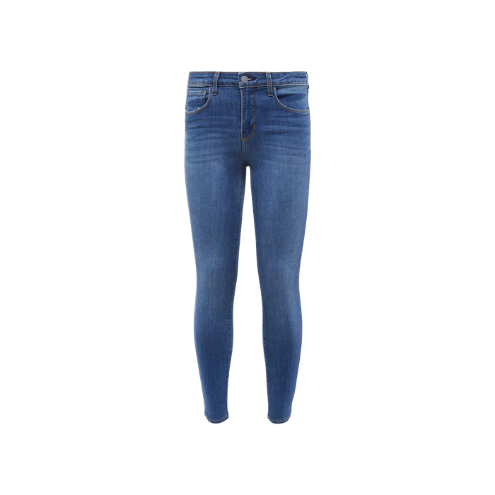 A pair of Margot Cropped Skinny Jeans in blue, crafted from stretch denim with a high-rise fit, featuring a button and zipper closure, front and back pockets, and subtle fading on the thighs, displayed on a plain white background.