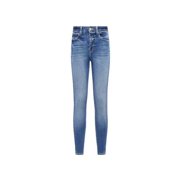 The Margot Cropped Skinny Jean is a pair of blue high-rise skinny jeans featuring a flattering high waist and subtle front fading, crafted from premium stretch denim made with sustainable recycled fiber, displayed against a plain white background.
