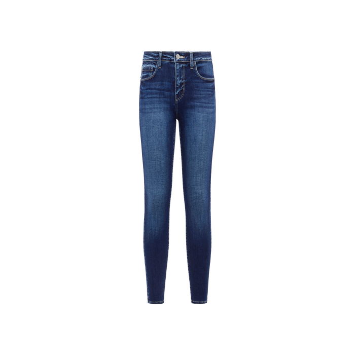 The Margot Cropped Skinny Jean is a pair of high-rise skinny jeans made from premium stretch denim, featuring a button and zipper closure, front and back pockets, and subtle fading on the thighs and knees, displayed against a plain white background.