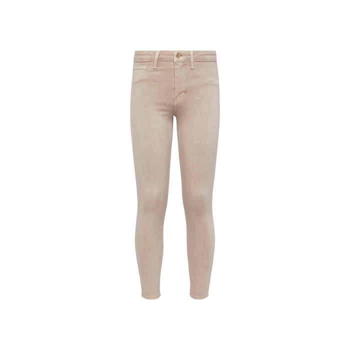 Margot Cropped Skinny Jean in light pink high-rise stretch denim, designed with a contoured waistband, button and zipper closure, and front and back pockets, shown against a plain white background.