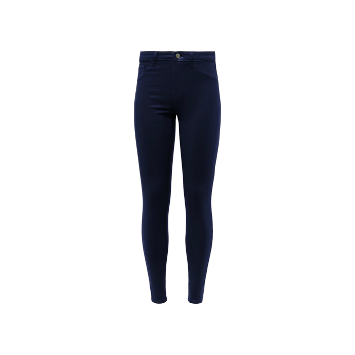 A pair of Marguerite Coated Skinny Jeans in dark blue, featuring a high-waisted fit and tapered leg crafted from premium stretch denim, displayed on a plain white background.