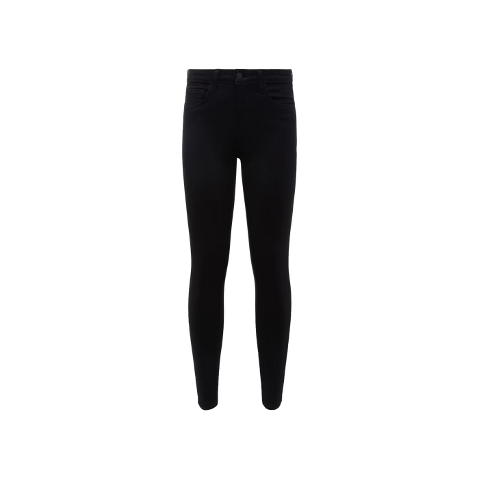 The Marguerite Skinny Jean, crafted from high-recovery fabric, features a high waist, front button, and pockets. Displayed against a plain white background, this pair comes in classic black with a sleek skinny fit.