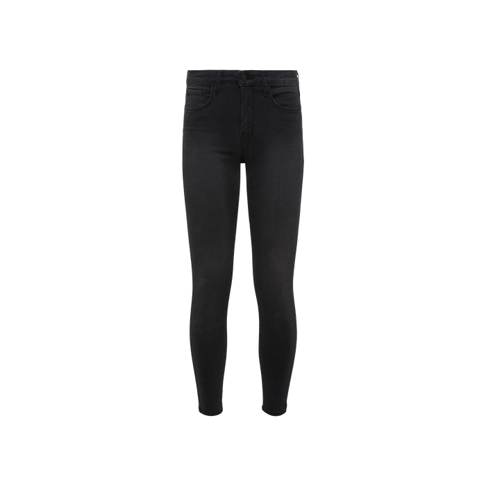 The Marguerite Skinny Jean, a pair of high-waisted black skinny jeans made from high-recovery fabric, is displayed on a plain white background. These jeans feature front and back pockets in a classic five-pocket design.