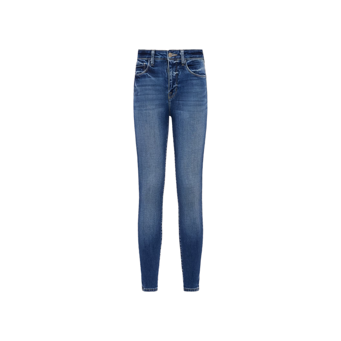 Introducing the Marguerite Skinny Jean: a pair of blue high rise skinny jeans featuring front and back pockets, a faded wash effect, and crafted from stretch denim, displayed on a plain white background.