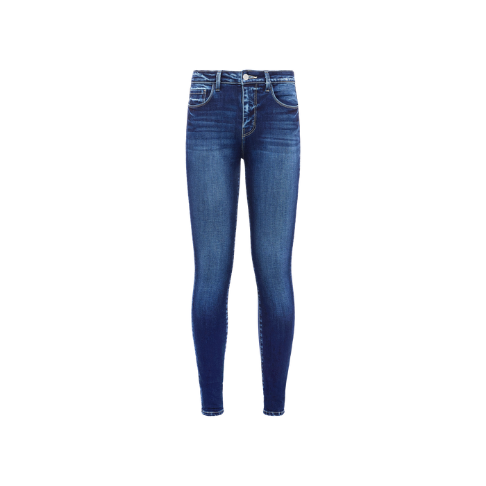 The Marguerite Skinny Jean is a pair of blue high-rise skinny jeans crafted from premium stretch denim, featuring a high waist, front zipper, button closure, and front and back pockets, displayed on a plain white background.