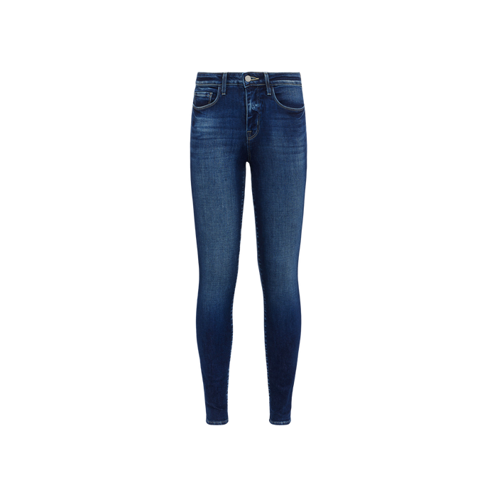 Marguerite Skinny Jean in blue, showcased against a plain white background. This high-rise skinny jean features front and back pockets, a button and zipper closure, and faded detailing on the thighs and knees. Crafted from premium stretch denim for enhanced comfort and flexibility.