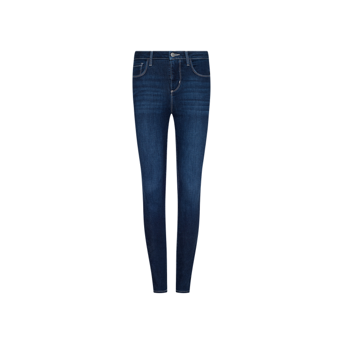 Marguerite Skinny Jean in dark blue high rise stretch denim, featuring white stitching, front pockets, and a button closure, displayed against a plain white background.
