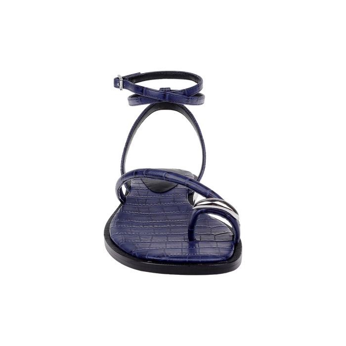 A front view of the Mariana Leather Sandal in navy croc-embossed leather, showcasing a toe loop, two foot straps, and an ankle strap with a buckle, set against a white background.