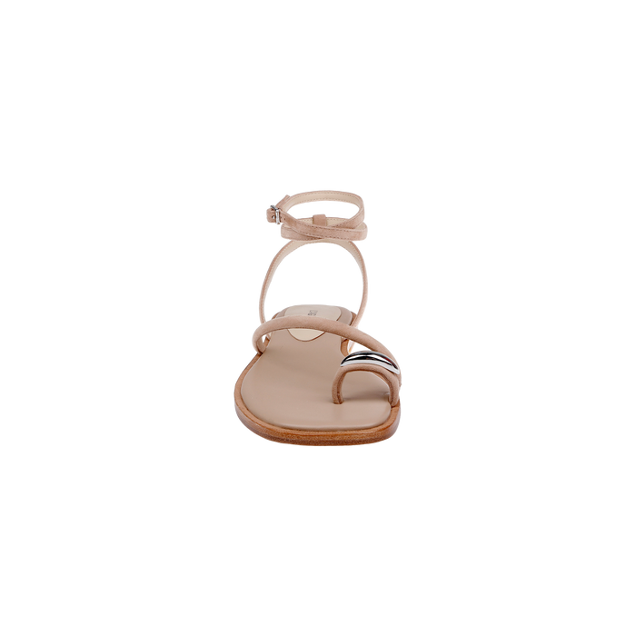 Front view of the Mariana Suede Sandal in tan, showcasing thin asymmetric suede straps, an ankle buckle closure, and a flat sole, displayed against a plain white background.