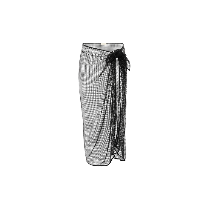 Maribel Mesh Pareo in black, featuring a sheer, knee-length design with a tied knot at the waist, displayed on a plain white background. This lightweight and airy skirt is perfect as a swimsuit cover-up.