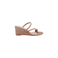 Introducing the Maritza Wedge Sandal: a taupe wedge with a suede upper, two slim straps—including one adorned with a metallic accent—and an open-toe design. The comfortable wedge heel and memory foam insole ensure all-day wearability.