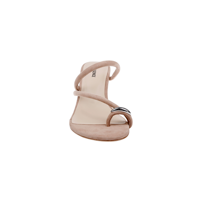 Front view of the Maritza Wedge Sandal in beige, featuring an open toe design with two soft straps—one crossing the top of the foot and one over the toes—a metallic ring accent, and a comfortable memory foam insole.