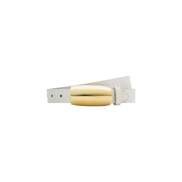 The Marlowe Croc-Embossed Leather Belt, featuring a vintage white finish and a shiny rectangular gold-plated buckle, is displayed against a plain white background.