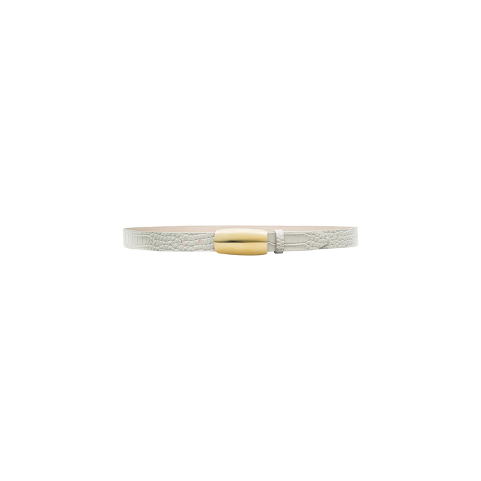 The Marlowe Croc-Embossed Leather Belt is a slim, vintage-inspired white belt featuring croc-embossed leather and a gold-plated and silver rectangular buckle, shown against a plain white background.