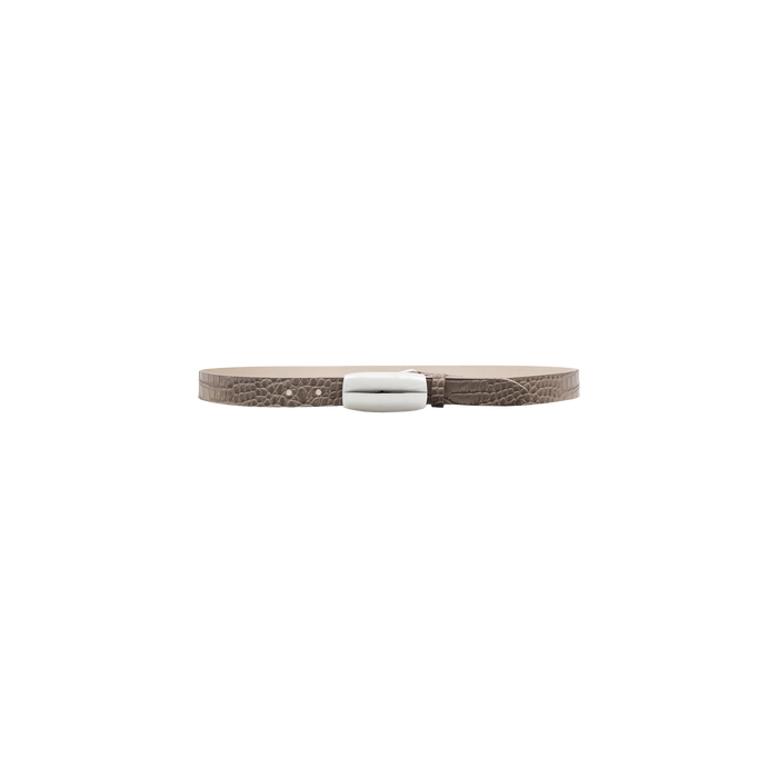 The Marlowe Croc-Embossed Leather Belt, crafted from Italian-sourced leathers, features a textured brown finish and a shiny silver rectangular clasp, displayed against a plain white background.