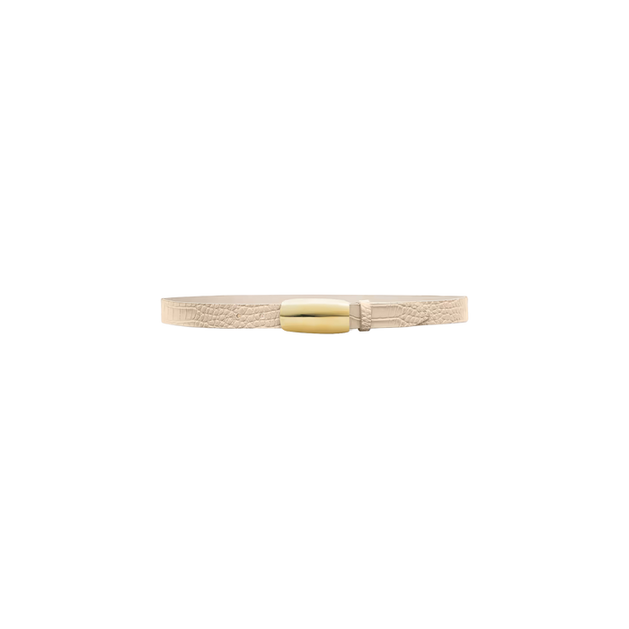 The Marlowe Croc-Embossed Leather Belt, featuring ivory leather with a shiny gold-plated oval buckle, is displayed on a plain white background.
