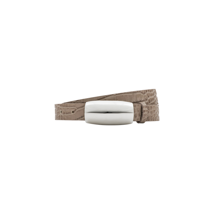 The Marlowe Croc-Embossed Leather Belt, handcrafted in LA from Italian-sourced taupe leather, features a wide, shiny silver rectangular buckle and is displayed on a plain white background.