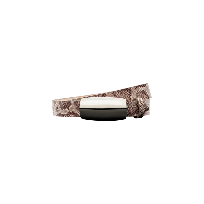 The Marlowe Leather Belt, handcrafted in LA from brown python-embossed leather and featuring a shiny silver rectangular buckle, is displayed against a plain white background.