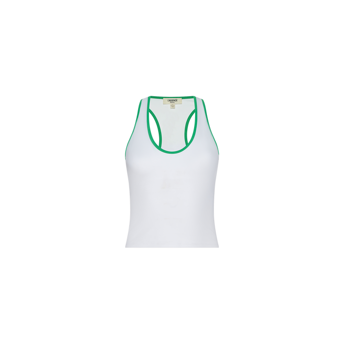 The Martina Racerback Tennis Tank is a sleeveless white tennis top featuring green trim around the neckline and armholes, crafted from quick-drying sports fabric and displayed on a plain white background.