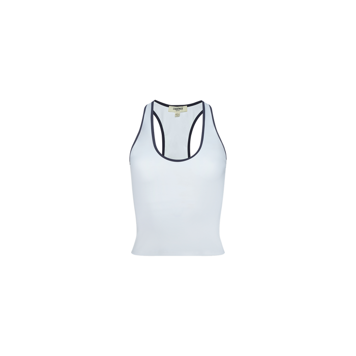 Martina Racerback Tennis Tank in white with black trim at the armholes and neckline, featuring a built-in bra, displayed against a plain white background.