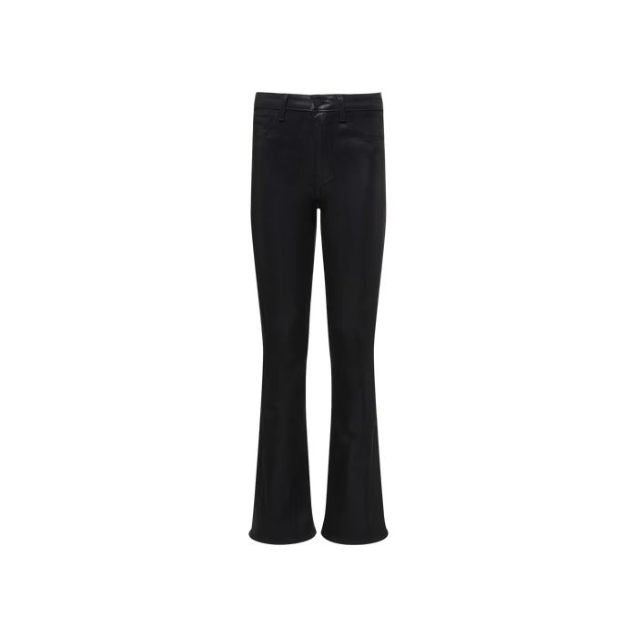The Marty Coated Flare Jean is crafted from black coated denim and features a fitted waist, front zipper, and flared legs, shown here against a plain white background.